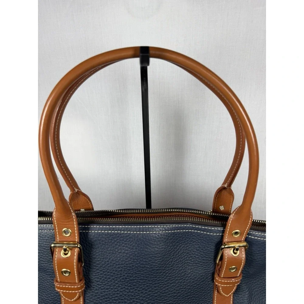 Dooney‎ & Bourke Pebbled Leather Domed Satchel Navy Tan Zip Shoulder Bag Luxury